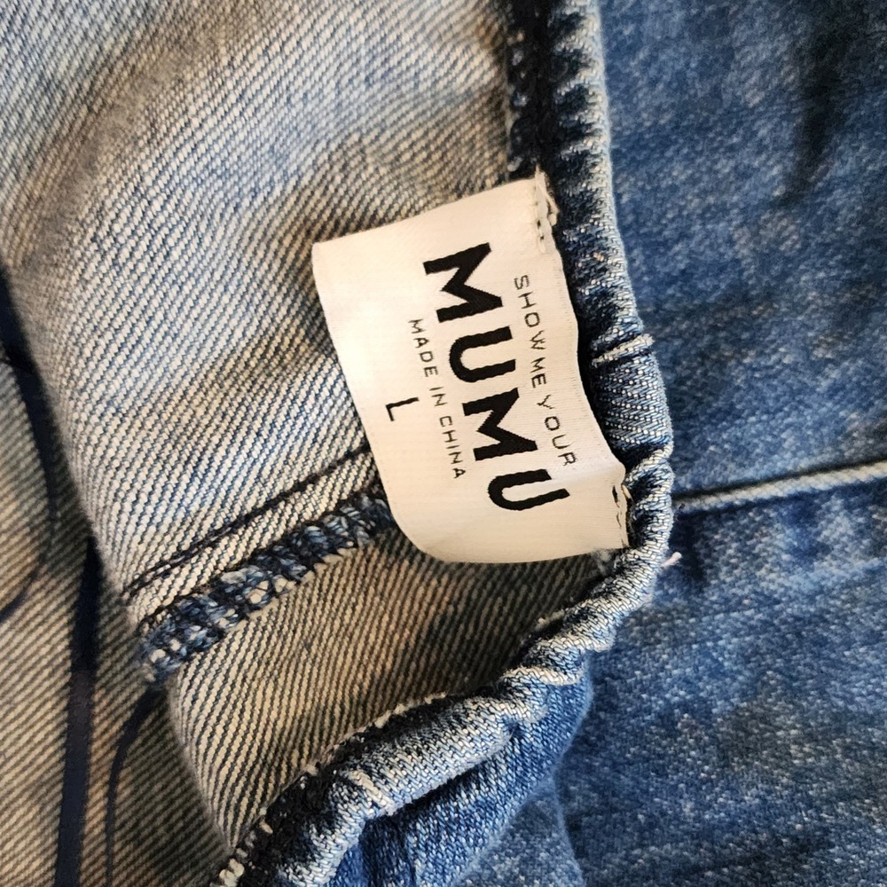 Show Me Your Mumu City Cut Out Mini Denim Dress Puff Sleeve Festival Western, Lg - Picture 7 of 8
